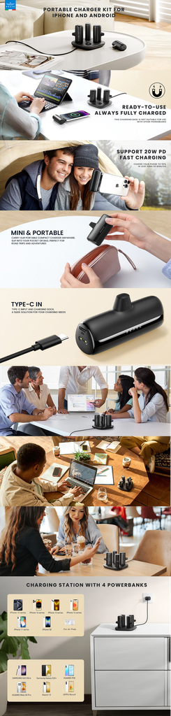 Power:5000 mAh x 4 Efficient Magnetic Dock PD 20W Fast Charging 2 Lightning  2 Type-C Dual Input Charging Station