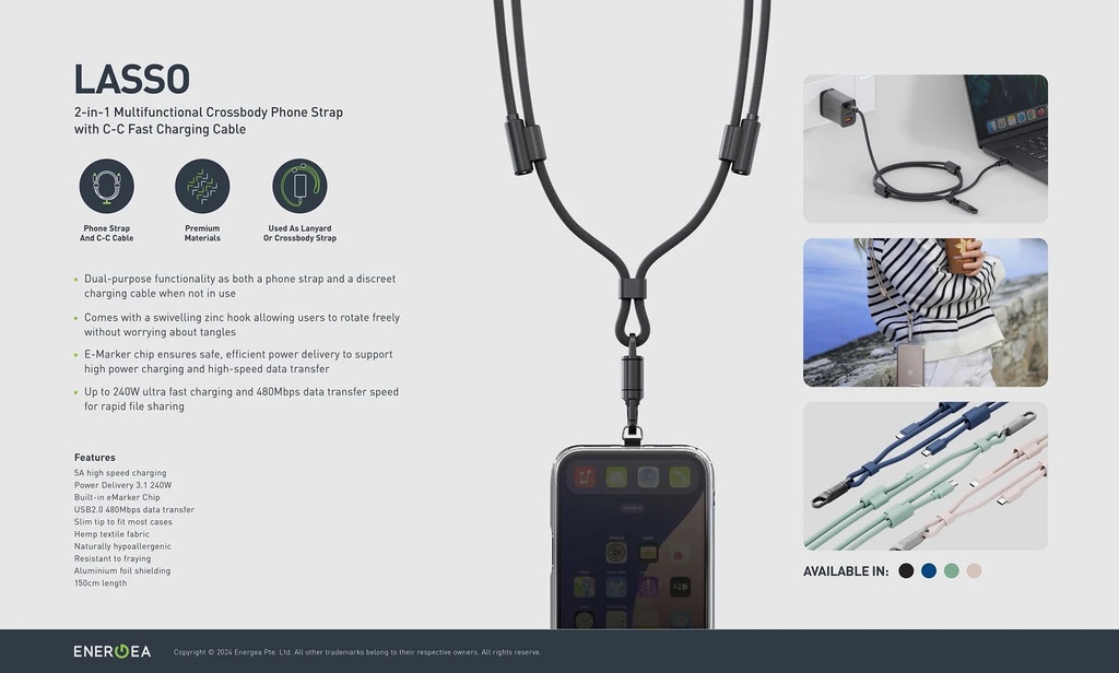 Energea Lasso 2-In-1 USB-C to USB-C 240W 480Mbps Lanyard With Charging Cable 1.5M - Sage