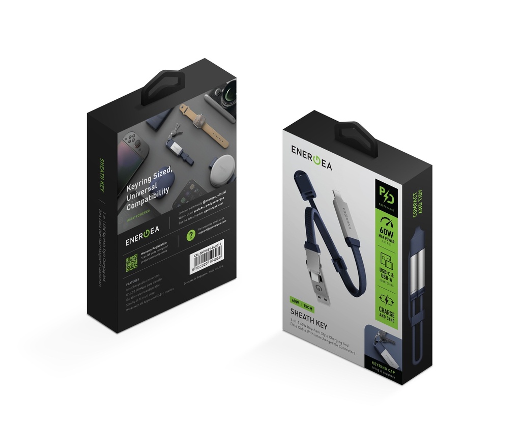 Energea Sheath Key 2-IN-1 USB-C to USB-C+ USB-A 480Mbps with 60W Cable 15CM - Blue