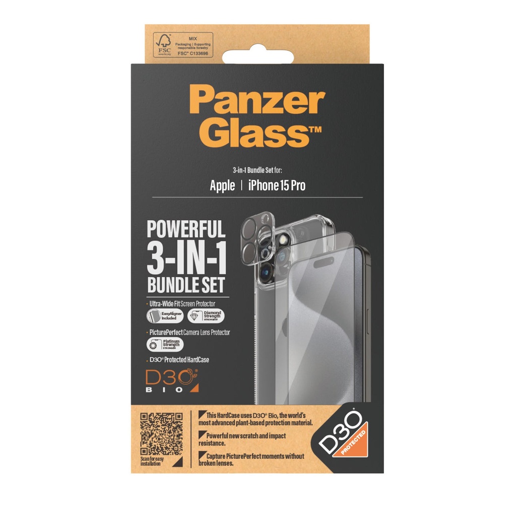PanzerGlass iPhone 15 Pro 6.1"| 360 Bundle with D3O® | Clear