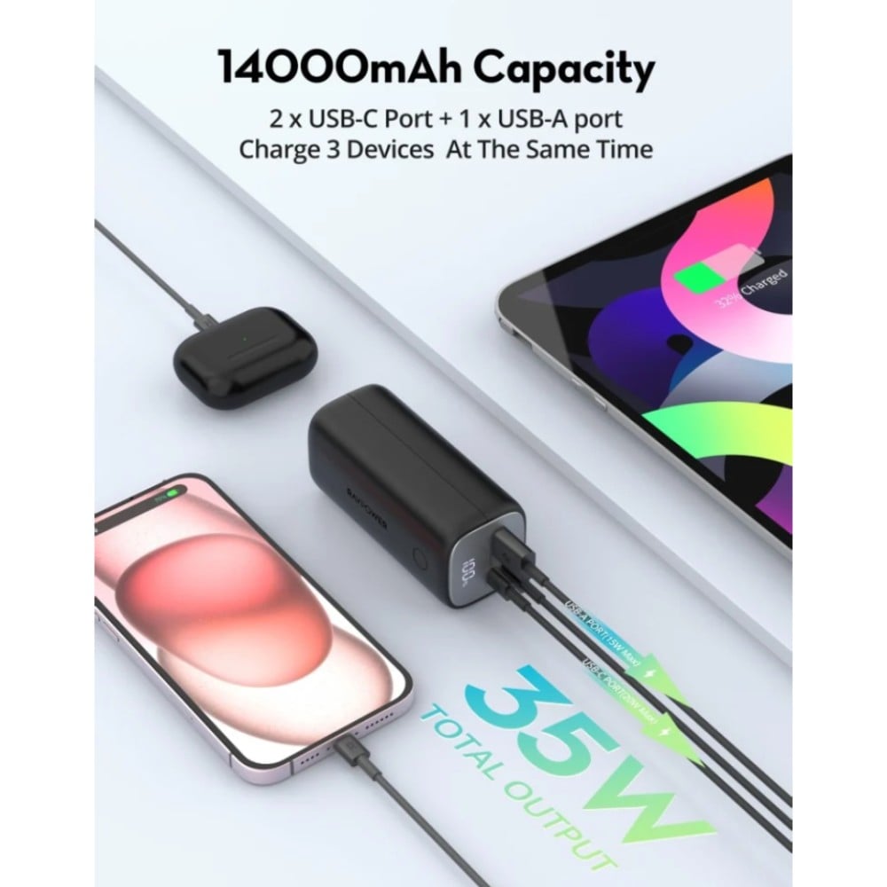 RAVPower RP-PB208 mini 14000mAhPD30W 3-Port Portable Power Bank Black Global Version