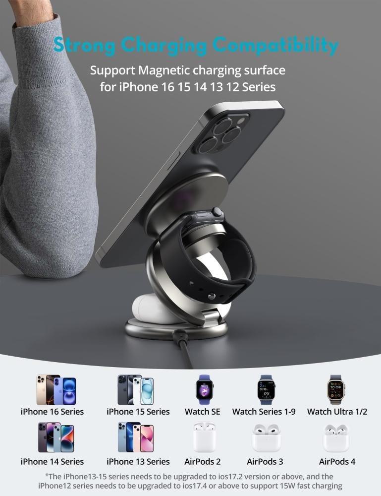 RAVPower RP-WC1008 Premium Foldable 3 in 1 Wireless Charger 15W