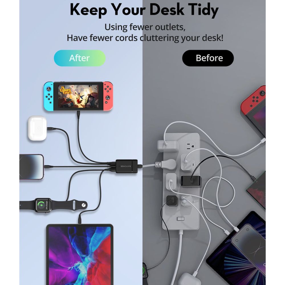 RP-PC1062  75W Power Strip 5-Port with AC outlets UK plug + Travel charger adapter Offline Black