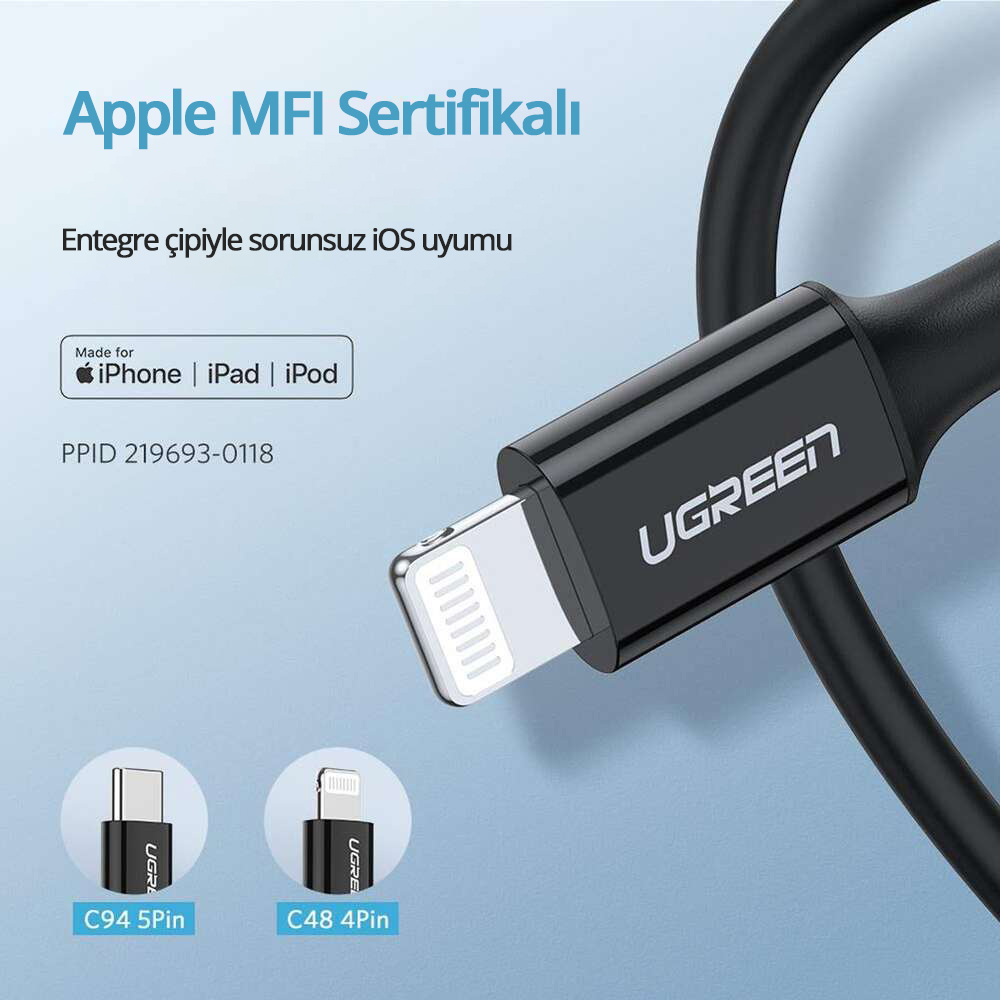 UGREEN USB-C to Lightning Cable M/M Nickel Plating ABS Shell 1m (Black)US171