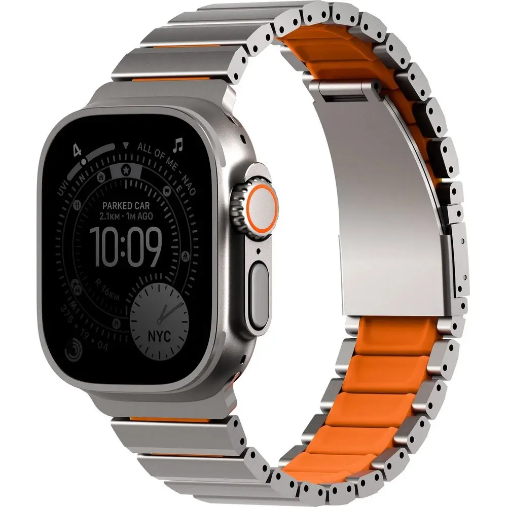  UNIQ STROVA FLEX APPLE WATCH  SELF-ADJUSTABLE STEEL LINK BAND 49/46/45/44MM - TITANIUM SLIVER/VOLT ORANGE 