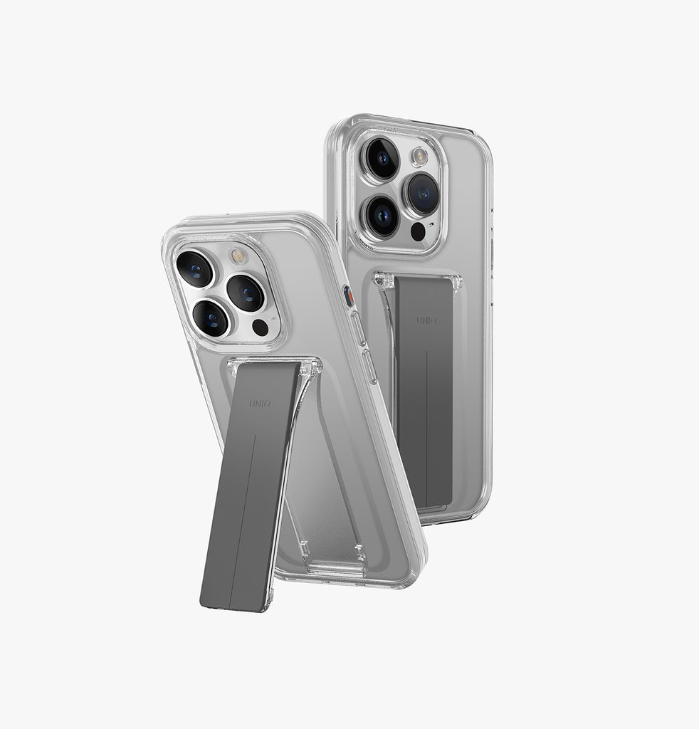 Uniq Hybrid Heldro Mount With Stand Case for iPhone 15 Pro - Lucent Clear 