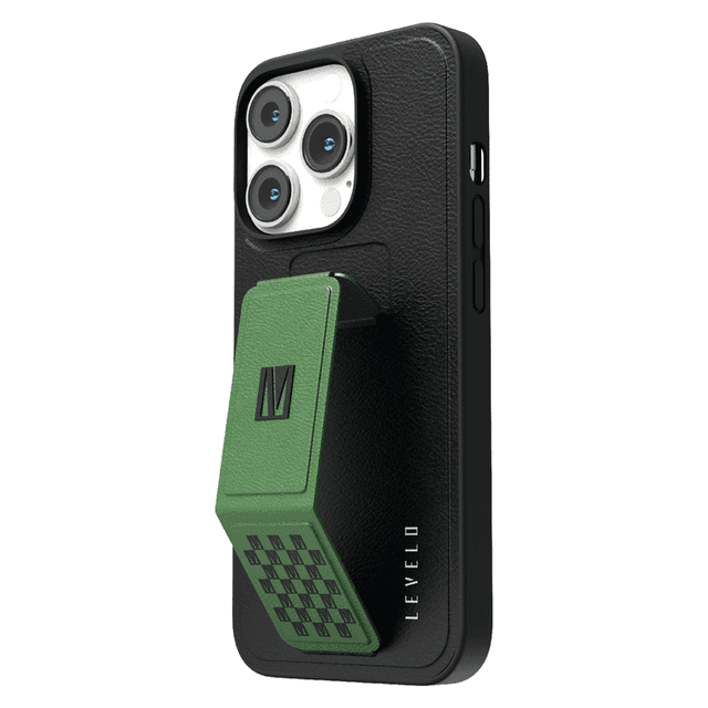 Levelo Morphix Gripstand iPhone 14 Pro PU Leather Case - Pacific Green