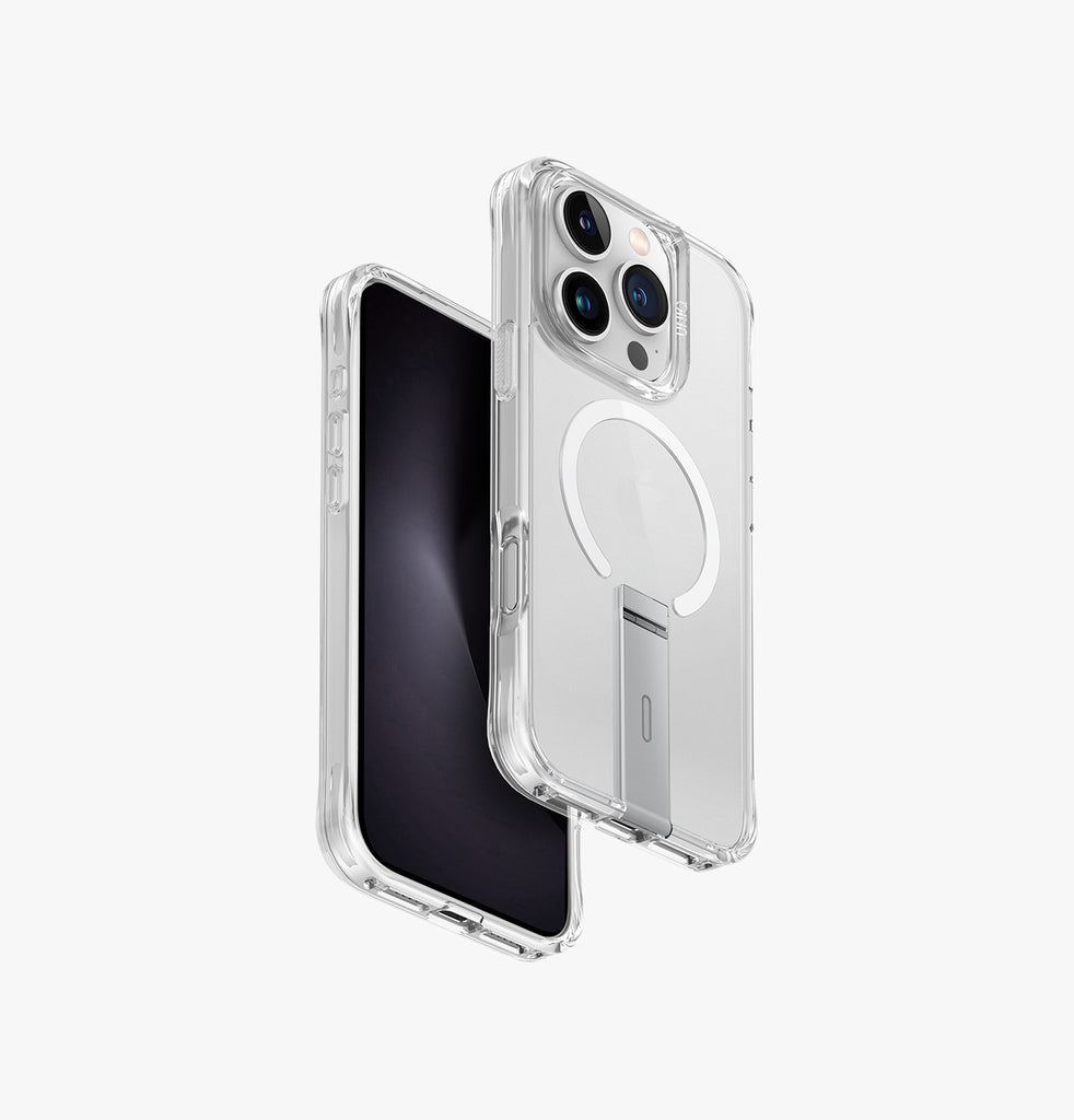 Uniq Hybrid Eleva MagSafe Case with Vertical Stand for iPhone 16 Pro – Lucent Clear