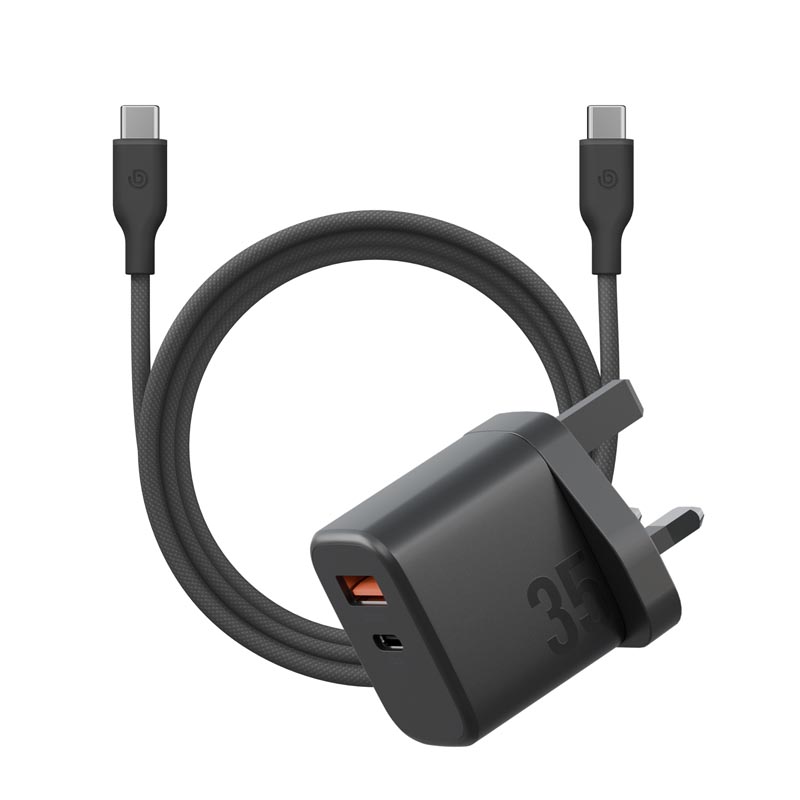 Bazic Velox Kit Bundle 1-Port USB-C & 1-Port USB-A PD 35W Wall Charger with Weave USB-C to USB-C 60W Cable - Black
