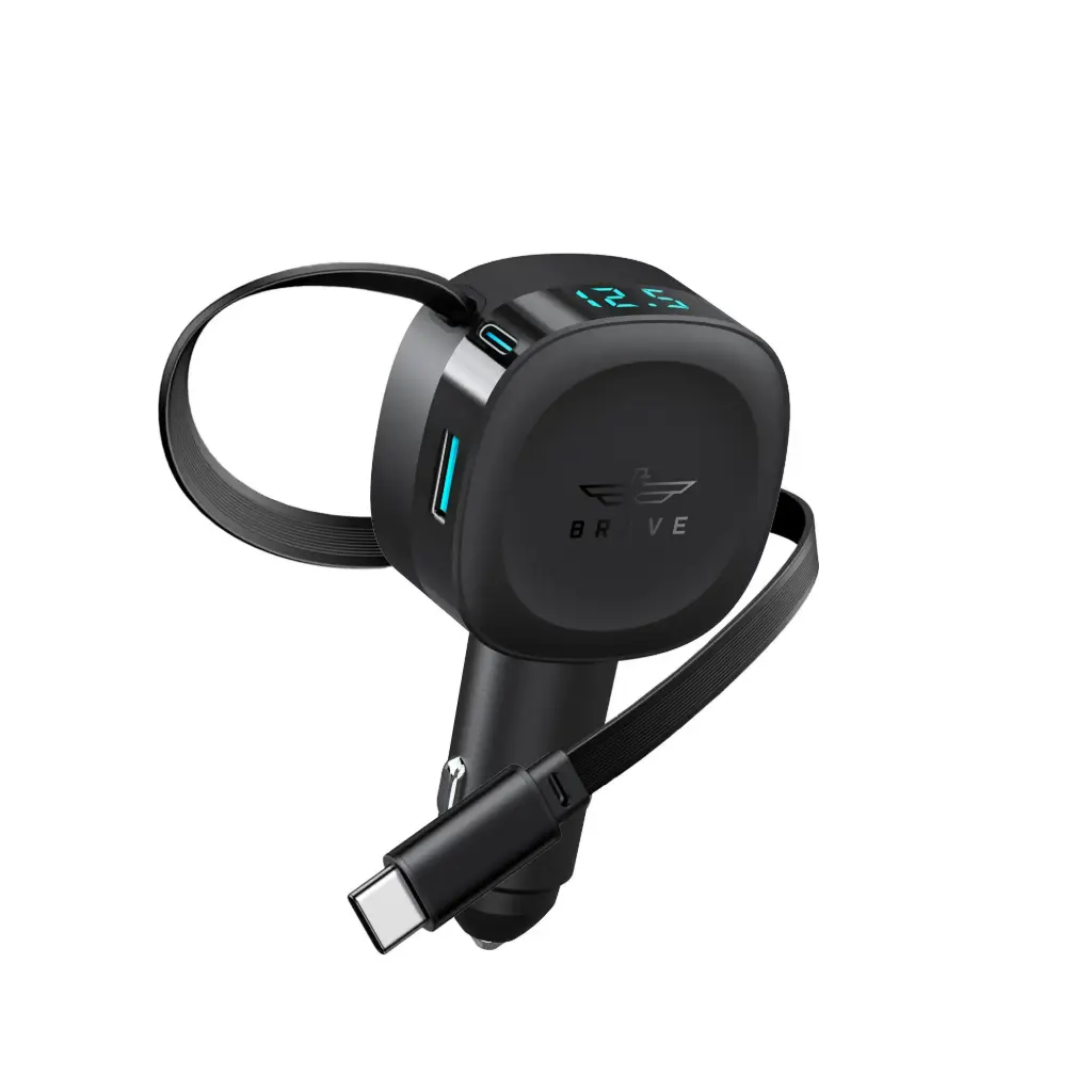 BRAVE 60W DUAL PORT CAR CHARGER WITH RETRACTABLE TYPE-C CABLE-BCC28